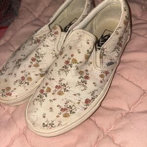 Vans Cream and Pink Floral Slip-Ons